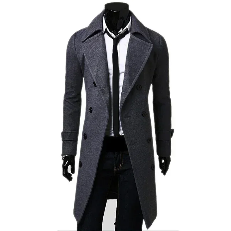 Homens duplo breasted trench coat 2024 outono inverno mistura de lã alta qualidade moda casual fino ajuste cor sólida casaco masculino