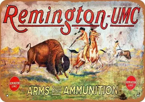 REMINGTON TIN SIGN UMC ALL WEATHER ALL TIMES NEW YORK ARMS AND AMMUNITION INDIAN-Aluminio