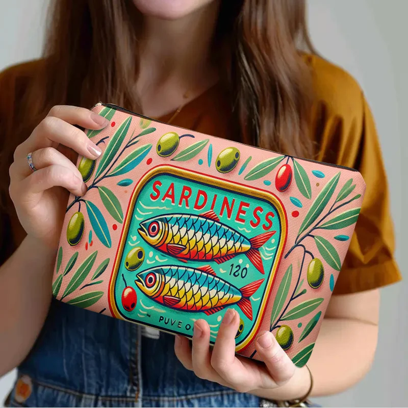 Bolsa de cosméticos de lino con diseño de lata de sardina Vintage, bolsa duradera resistente a la decoloración con cremallera, estuche para lápices para estudiantes, 1 ud.