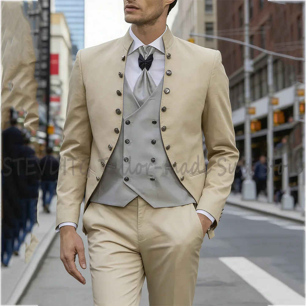 

Vintage Stand Lapel Men Suit Italian Design Single Breasted Blazer Set Party Wedding Slim Fit Costume Homme 3 Piece Clothing