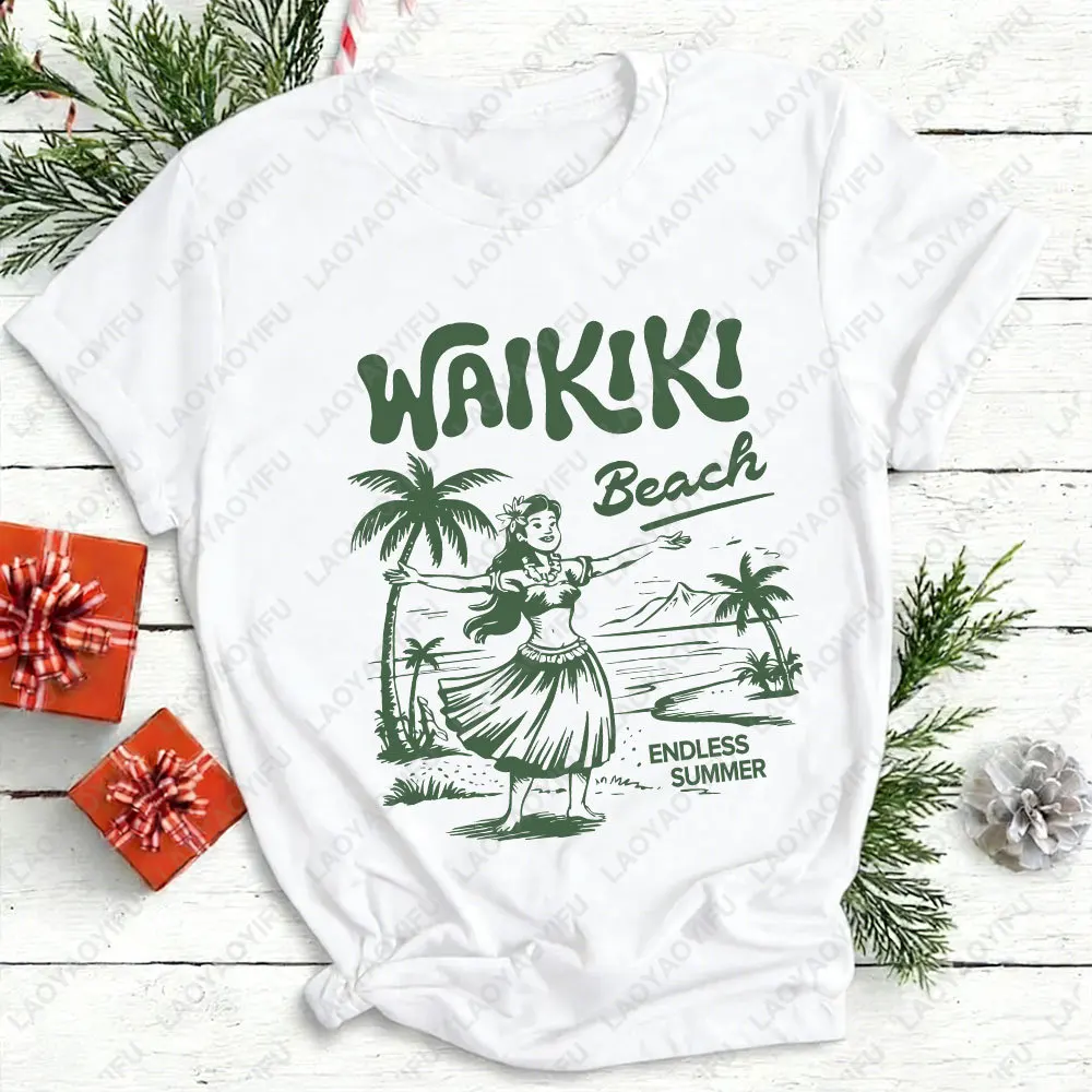 Waikiki Beach Shirt Hawaii Graphic Tee Hula Girl Vintage Island T-Shirt Endless Summer Tropical Vacation T-Shirt Cotton Tees