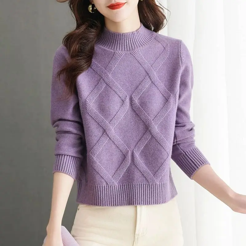 Office Lady Autumn Winter Women's Clothing Solid Color Pullover Long Sleeve Screw Thread Half High Collar Sweater Knitted Tops