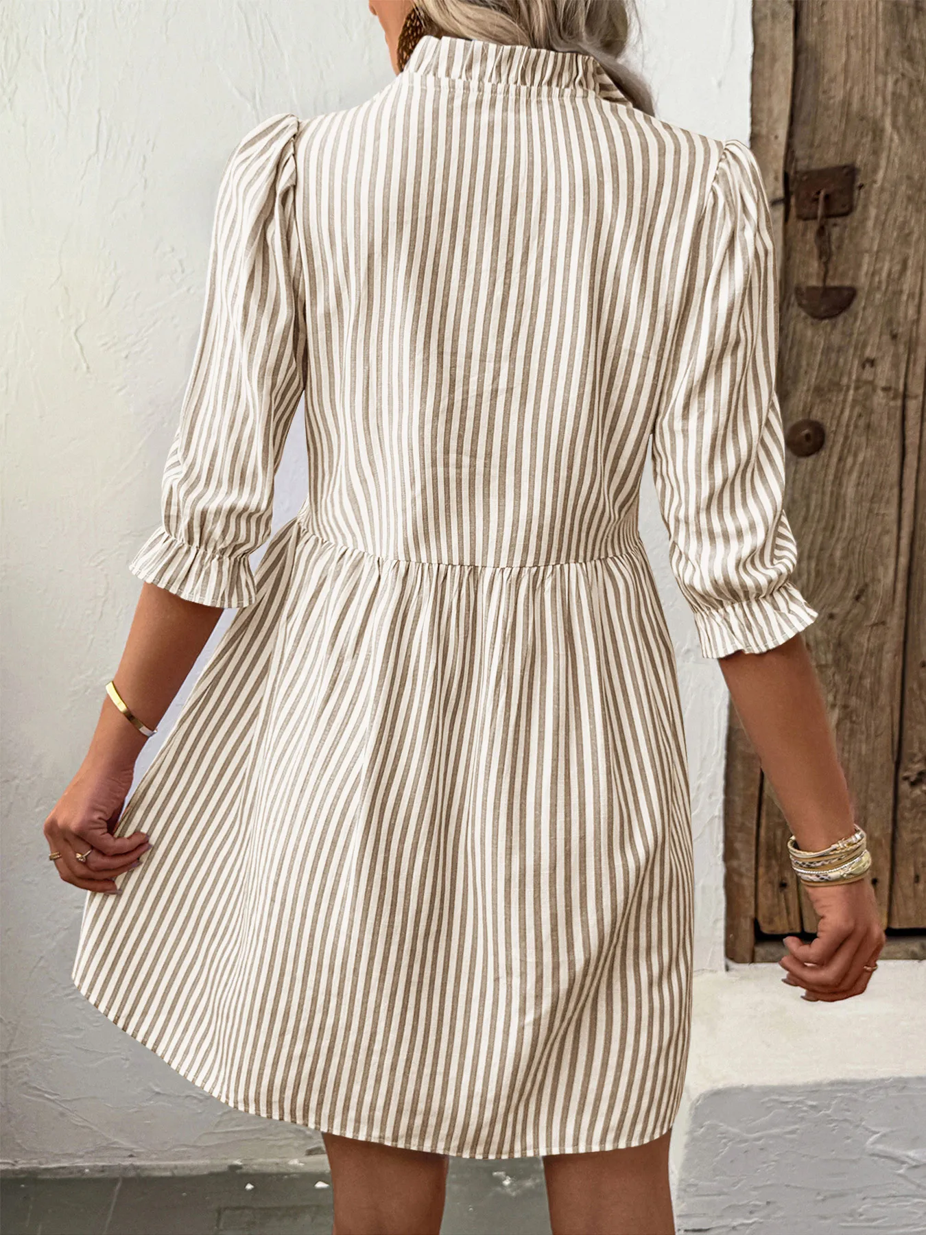 

2025 Summer Ruffled Stand Up Collar Striped Print Slim Fit A-Line Dress Sweet Style Bubble Sleeve Stand Up Collar Striped Dress