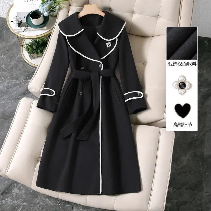 

Wool Woolen Coats Female Wooled Overcoat Belt Double-faced Cashmere Jackets Autumn Winter New Long Double-breasted Black Outwear