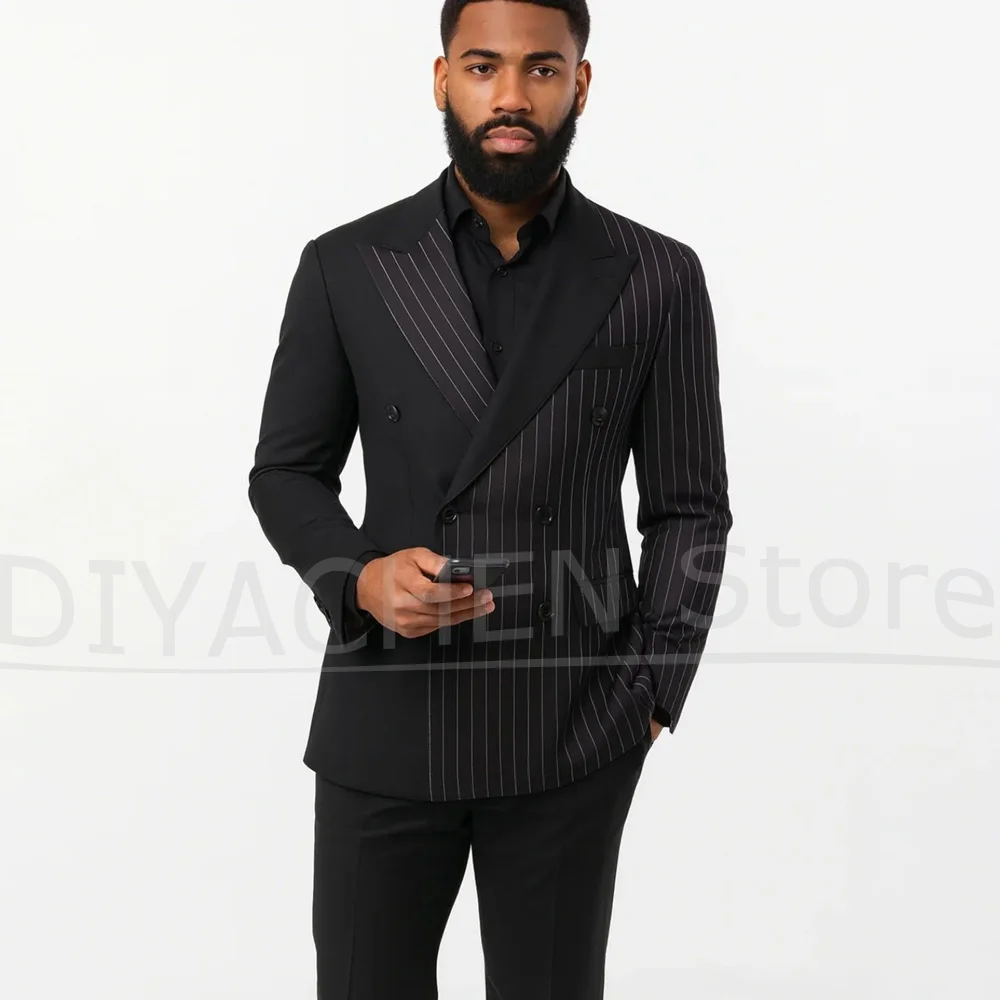 

Мужской лоскутный костюм, черный двубортный костюм в тонкую полоску, стильный деловой мужской костюм из двух предметов для свадебной вечеринки