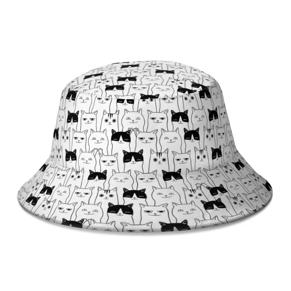 Black And White Cat Cats Cute Meow Bucket Hat For Women Men Teenager Foldable Bob Fishing Hats Panama Cap Streetwear