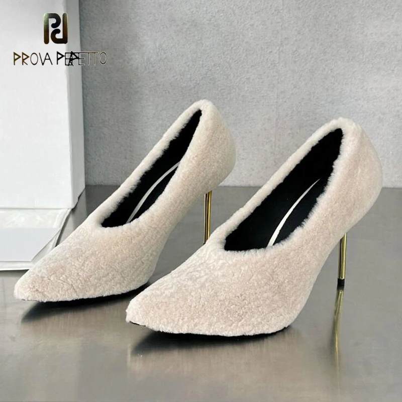 

Lamb's Wool Women High Heel Pumps Gold Metal Thin Heel Stiletto Sexy Party Sapatos 2024 Spring Hot Sell Brand Name Single Shoe