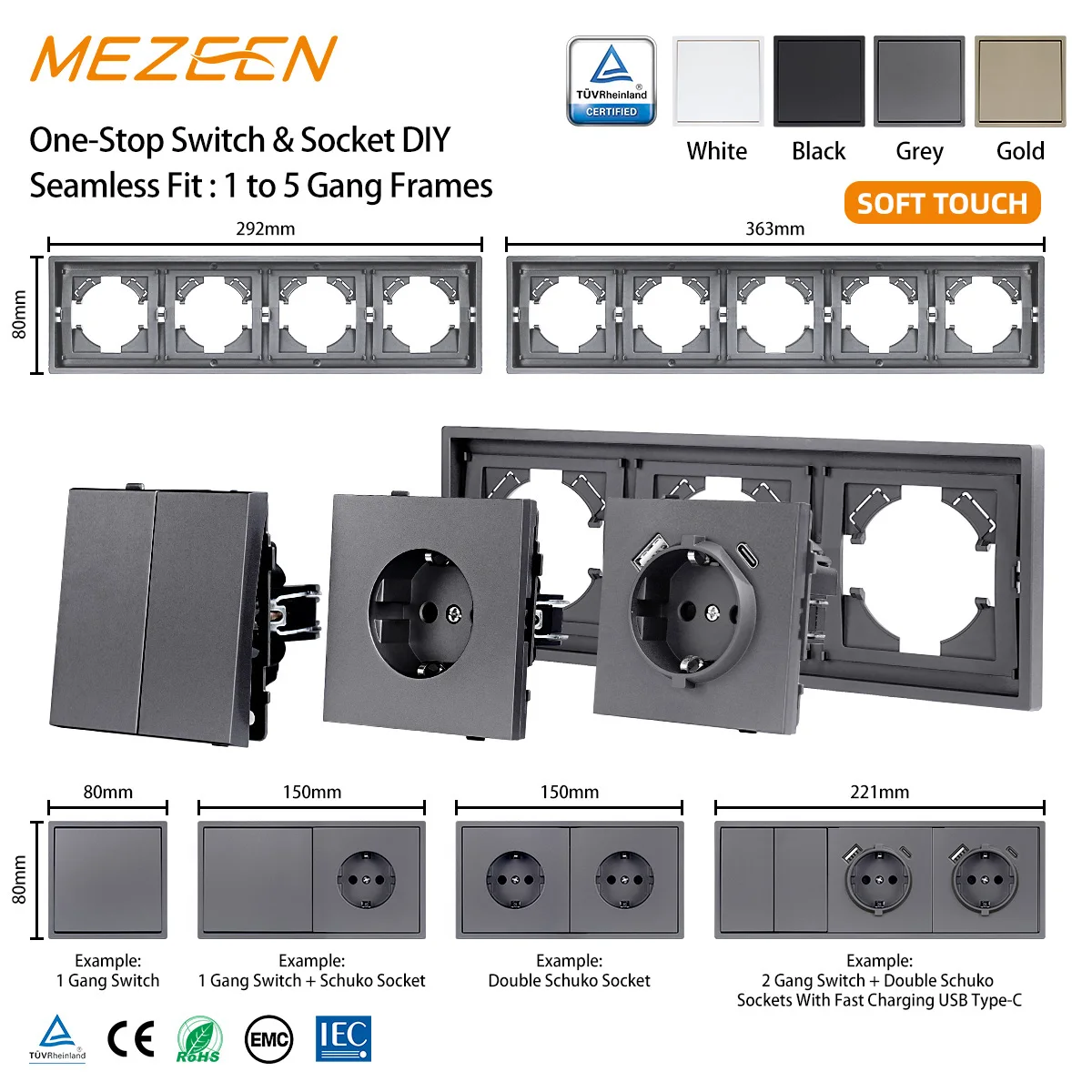 Grey Color Soft Touch Matte Plate EU Electrical Wall Switch and Socket for Home Use, Flush Mount Power Socket TV Antenna Socket