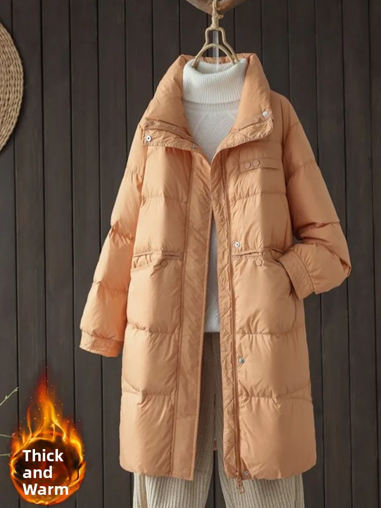 

Thiened down Cotton Jaet Women's Winter Faion High-End Feelings Mid-Length Stand Collar Zipper Closure Long Sve Coat