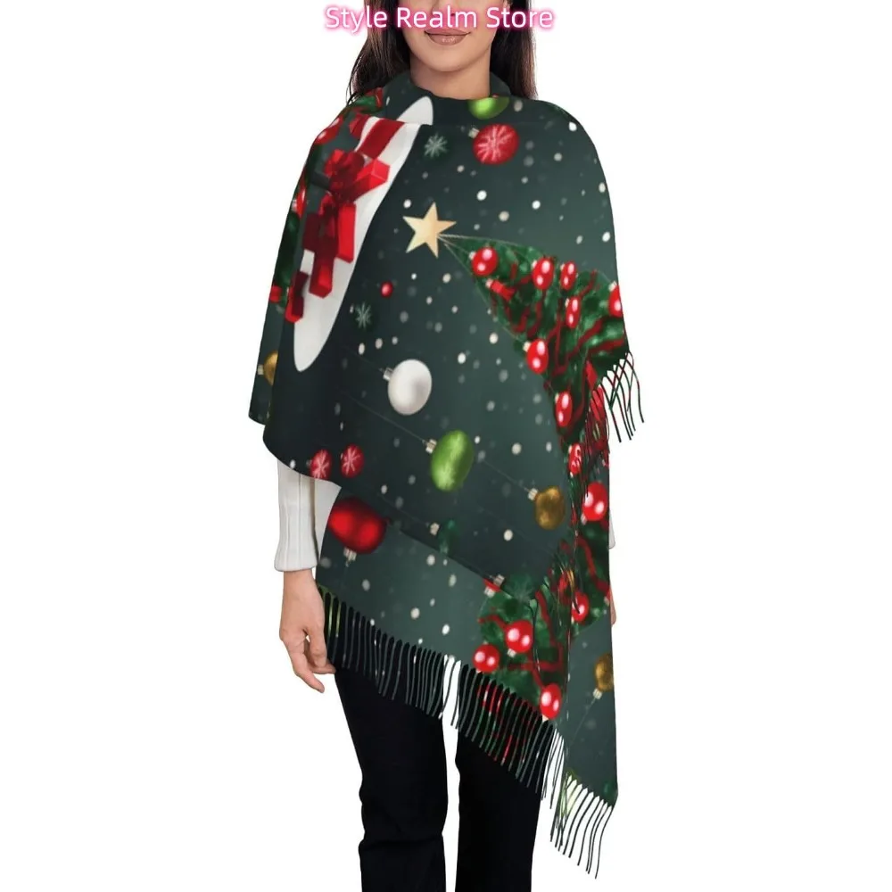 

Женский модный зимний шарф с принтом рождественской елки и шара, мягкие длинные стильные теплые шали, шарфы, накидки