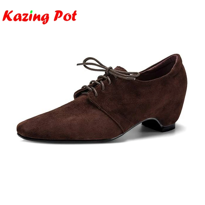 Krazing Pot Sheep Suede Square Toe Spring Autumn Office Lady Shoes Square Med Heels Cross-tied Lace Up Chic Autumn Women Pumps