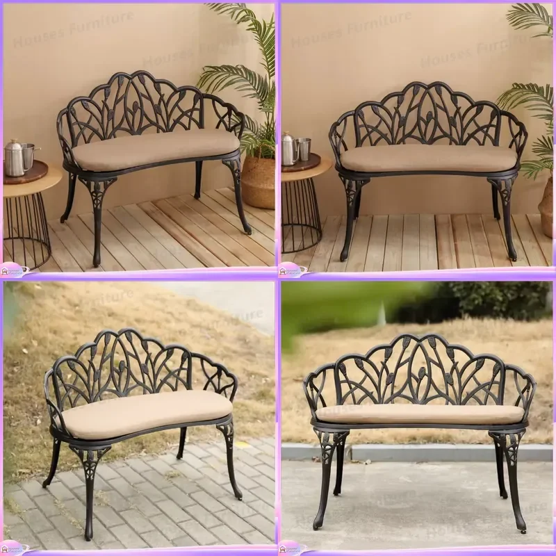 Tulip Garden Bench Metal Park Bench Cast Aluminum Outdoor Furniture Floral Rose Pattern Courtyard Park Lawn Black Patio