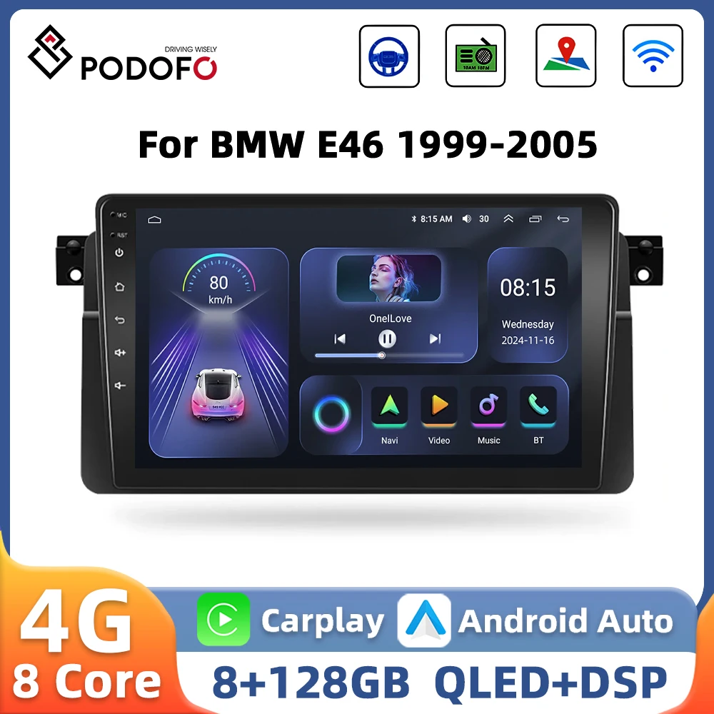 Podofo 9'' 2din Car Radio For BMW E46 1999-2005 Multimedia Player Carplay Android Auto GPS Navigation WIFI 4G 8Core Car Stereo