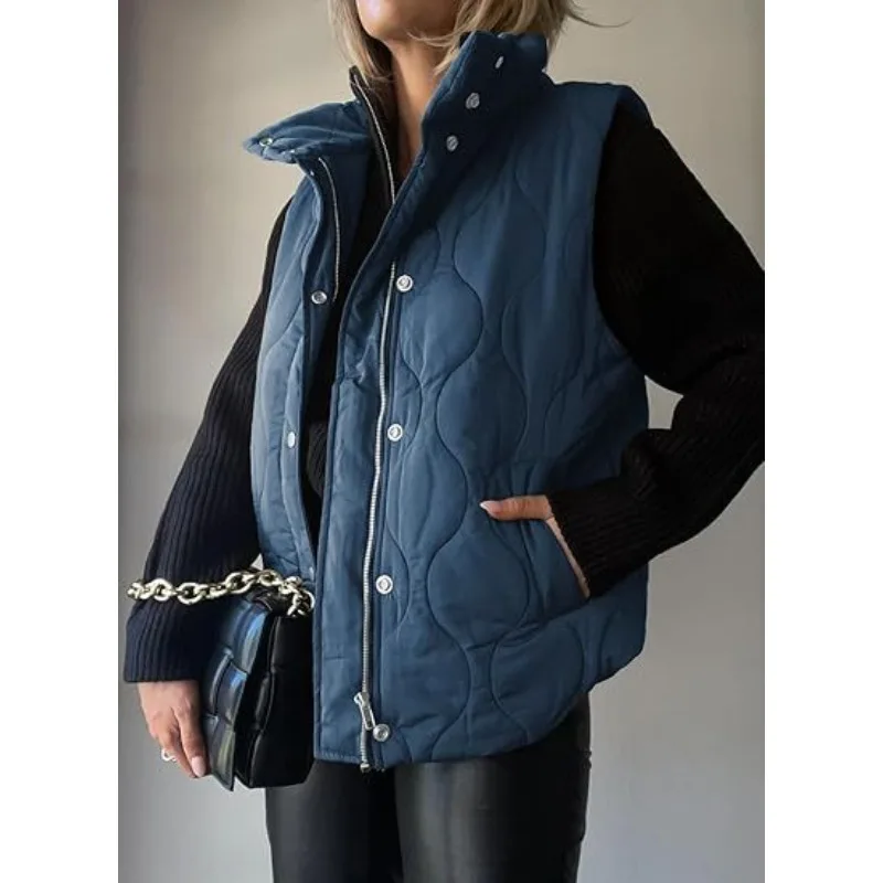 

2025 Autumn and Winter New Fashion Casual Solid Color Sleeveless Cotton Vest Zipper Buttons