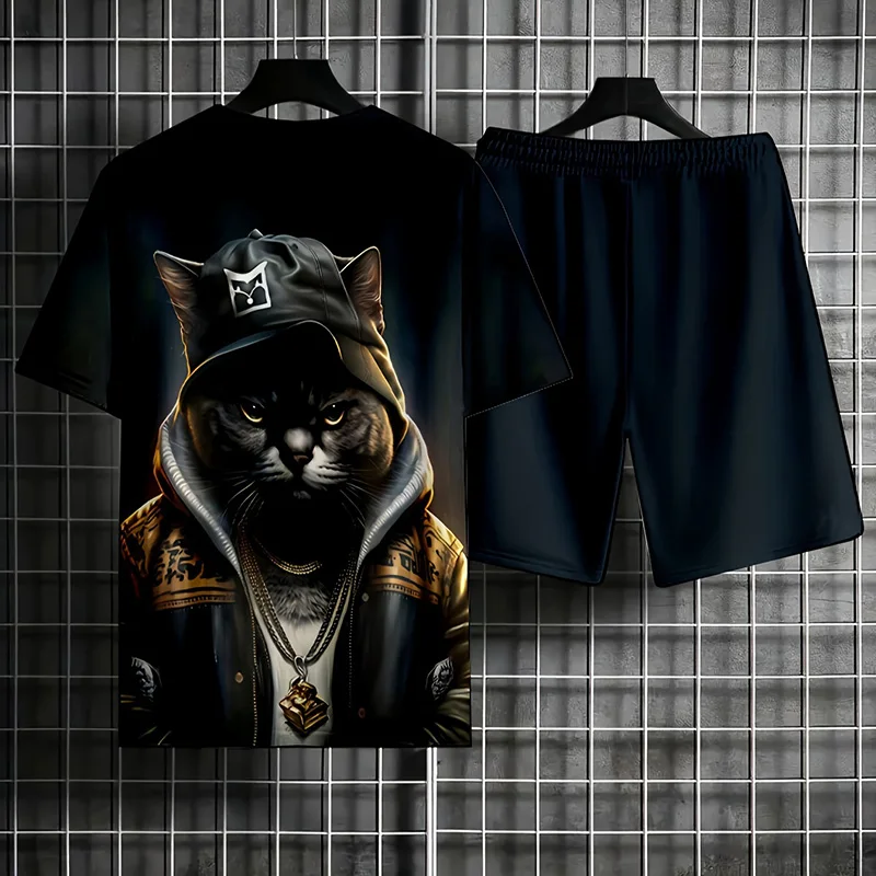 2024 New Men's Sportswear Fashion Summer Casual Breathable Refreshing Suit Printed 3D Kitten Oversized Men's Loose Casual Top