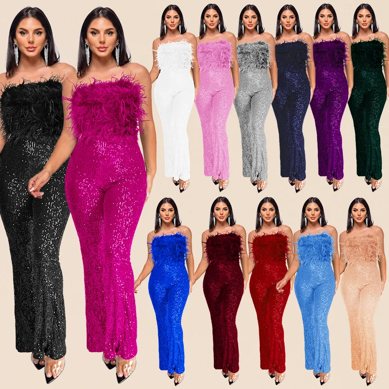 

Sequins Strapless Jumpsuits Feathers Patchwork Women Elegant Sexy Sleeveless Backless Slim Night Clubwear Party Flare Overalls