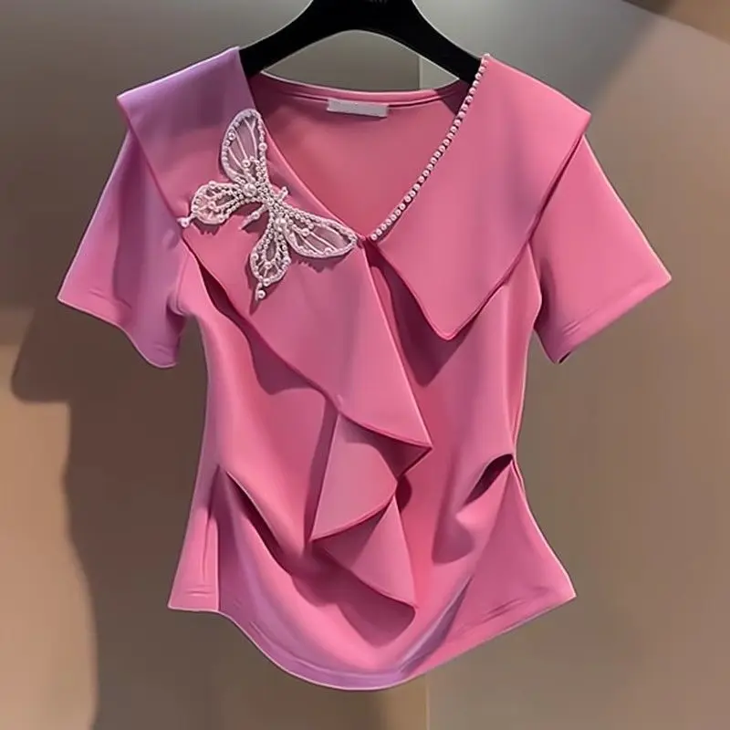 

Summer New Simplicity Commute Solid Color Bow Short Sleeve Spliced Tops Folds Ruffles Slim V-Neck T-Shirts Women's Clothing