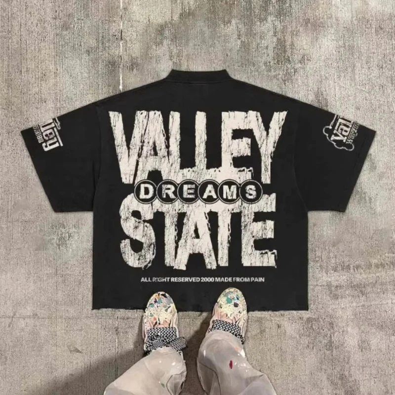 American Hip Hop Retro Theater Valley Division Harajuku Gothic War Print Summer New Retro Fashion Men and Women Streetwear