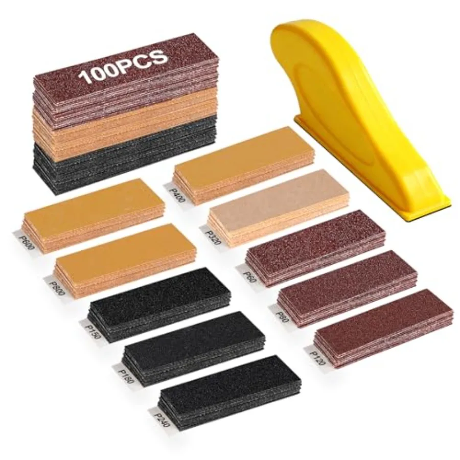 100PCS Profional Micro Detail Sander Kit, 3-in-1 Precision Mini Finger Sander with 60-800 Grit Sandpaper, Small Hand Sanding Bl