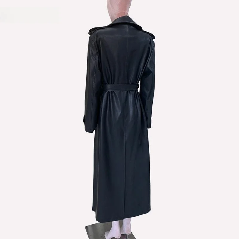 Nerazzurri Korean Style Black PU Leather Jacket Women's Extra Long Shoulder Pad Coat 2024 New Arrival Fashion Commute Wind