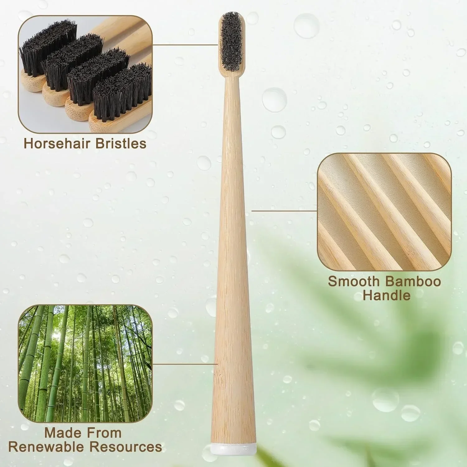 4‑Pack Bamboo Toothbrushes Soft Horse Bristles Biodegradable Plastic & Nylon Free Quick Dry Eco Friendly Oral Care Toothbrushes