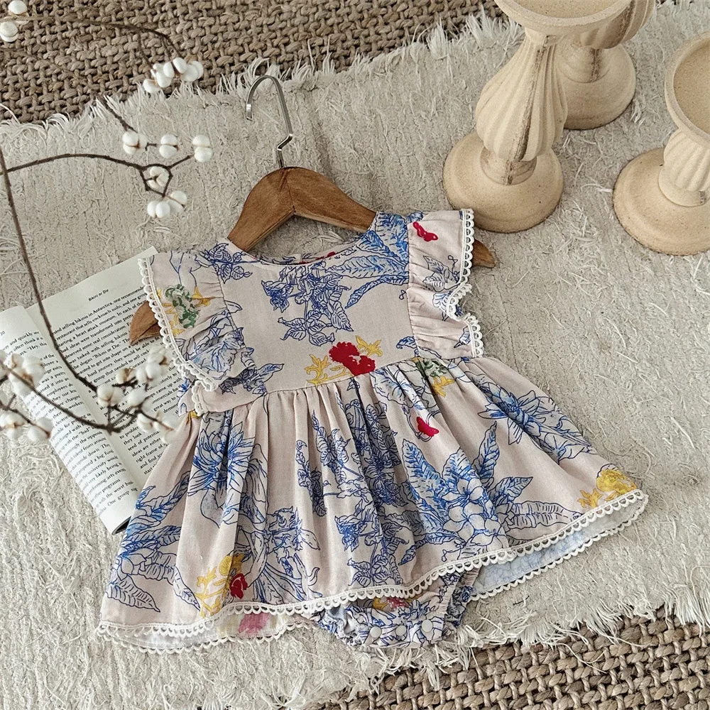 

2025 Summer Baby Girl Cotton INS Style Ink Floral Print Ruffled Flutter Sleeves Short Sleeve Romper Dress