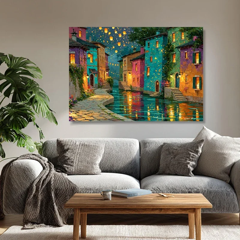 Colorful Houses Vibrant Canal Lanterns Floating Night Sky Poster and Prints Canvas Painting Wall Art Pictures Home Decor Cuadros