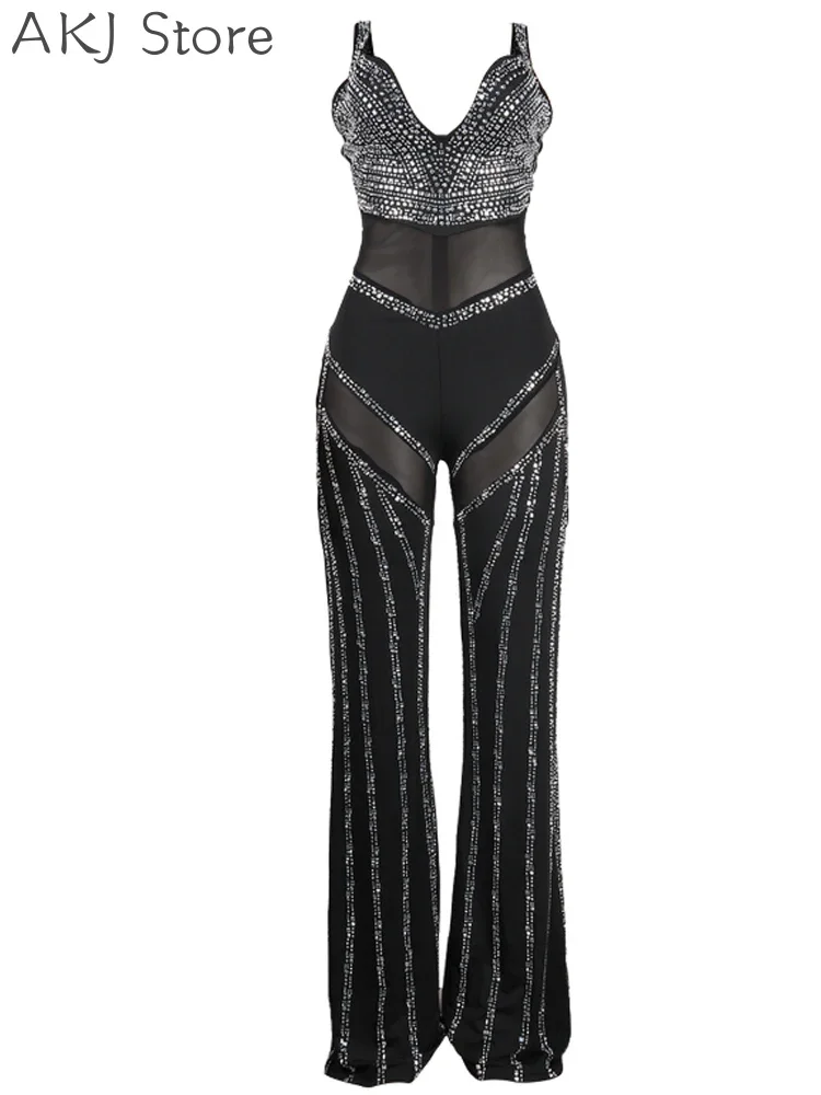 ตาข่าย SHEER Rhinestone Jumpsuit สําหรับผู้หญิง Night Club Rompers ดูผ่านปาร์ตี้เซ็กซี่ Bodycon Jumpsuits