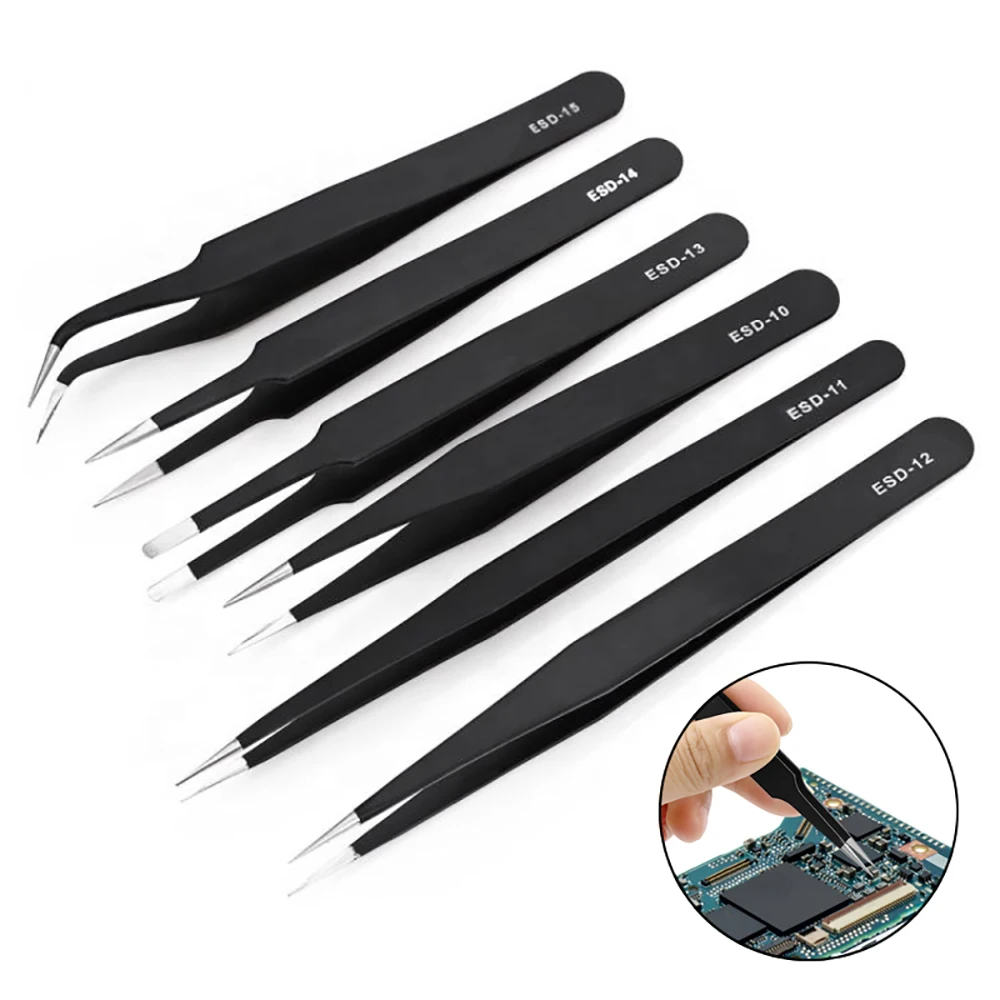 

6PCS Precision Anti Static Stainless Steel Tweezers Set ESD Tweezers Repair Tools for Hair Scissor Men Soldering Accessories