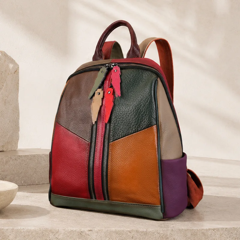 Mochila de Cuero Genuino para Mujer, Estilo Patchwork, Bolsos de Hombro de Cuero Vacuno Real, Mochila de Viaje de Moda para Mujer, Nueva Colección 2026