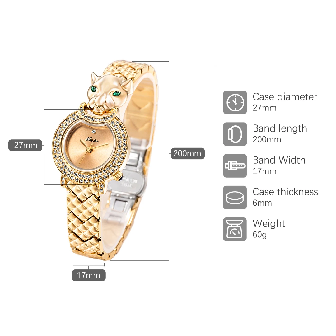 MISSFOX Elegant Leopard Shape Woman Watch Luxury Brand Gold Geneva Female Watch Japan Movt Waterproof Analog Quartz Wristwatch