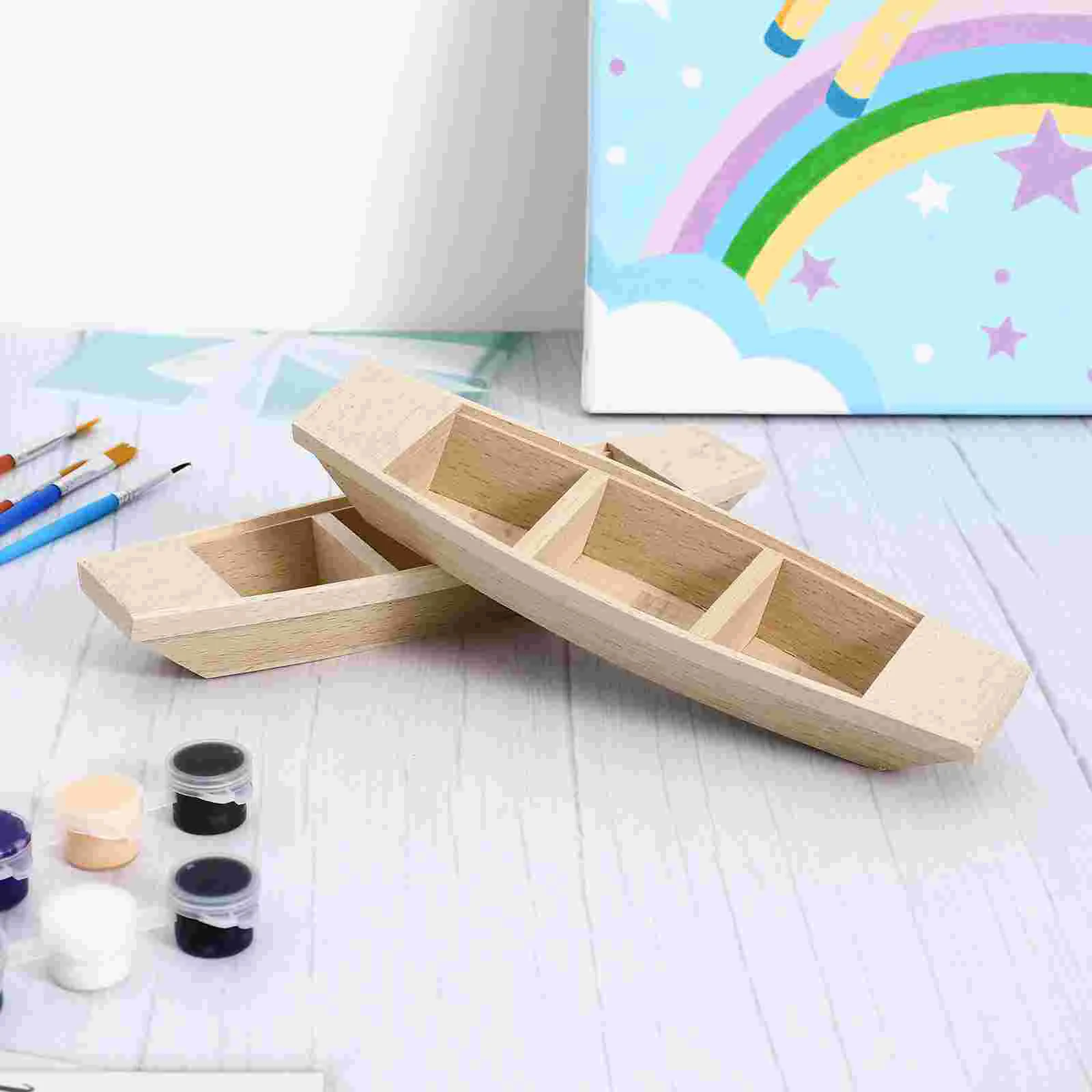 2 Pcs Small Wooden Boat Toy Craft Adornment Home Decoration Ornament Canoe Miniature Desktop