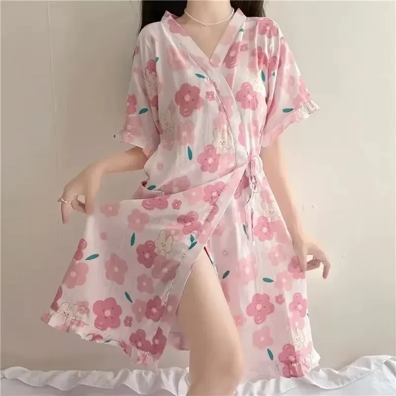 Kimono Women\'s Pajamas Short Sleeve Robe Women Bathrobe Cute Dress Sleepwear Pijama Summer Clothes Homewear Satin Sleeping Sexy