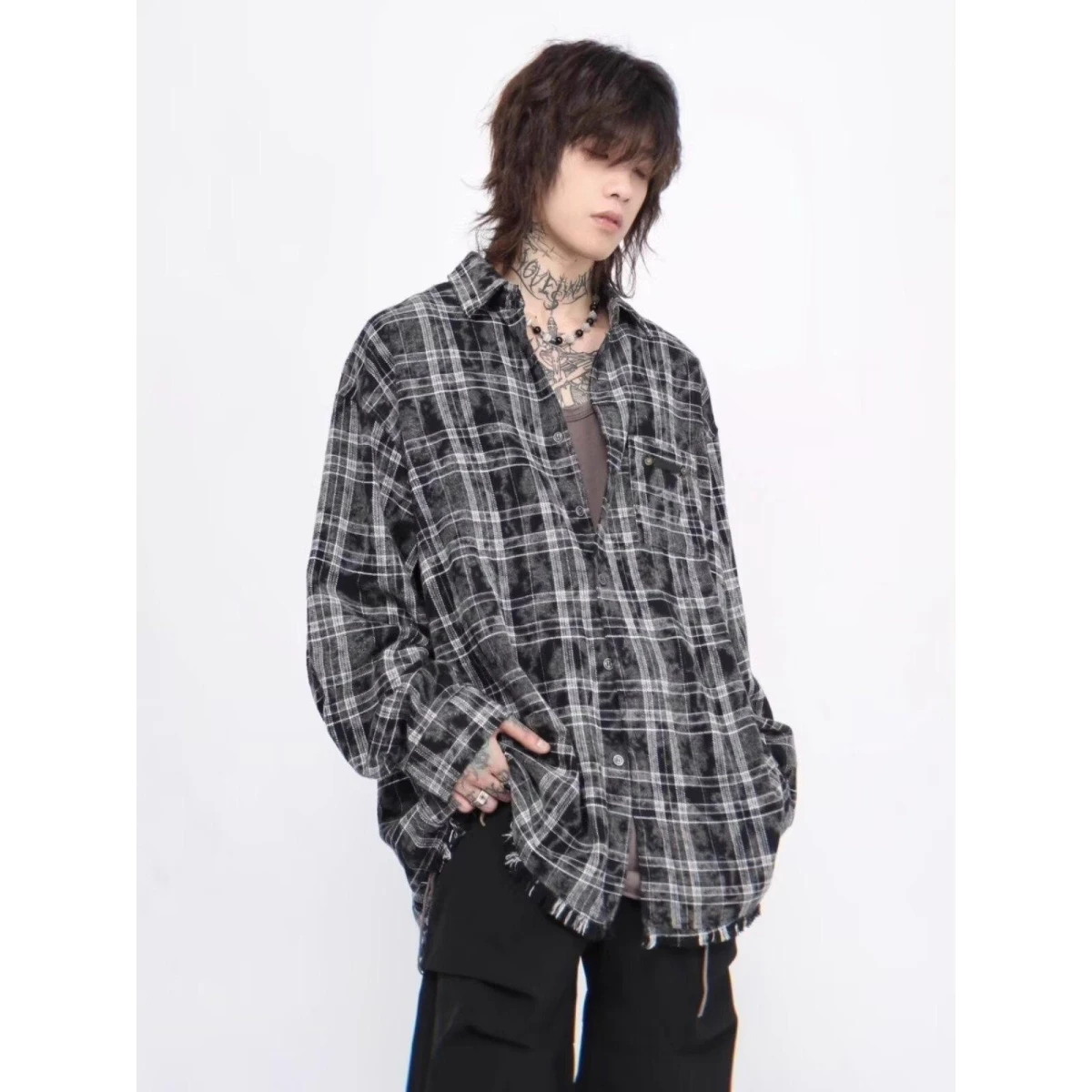 

American Retro Tie Dye Plaid Casual Long Sleeve Shirt Loose Unisex Spring Autumn Outerwear for Couples Polyester Fabric