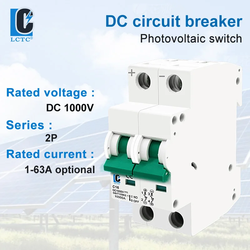 LCTC 2P DC 1000V Mini disyuntor Solar 6A 10A 16A 20A 25A 32A 40A 50A 63A para sistema fotovoltaico interruptor automático fotovoltaico