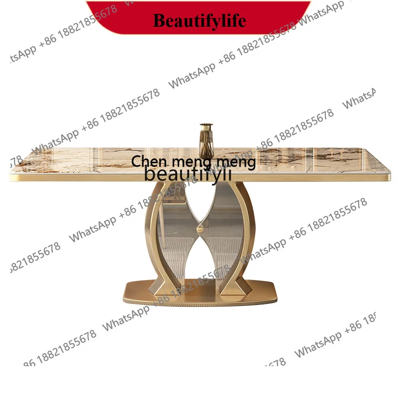 z183 Rock slab dining table and chair combination titanium stainless steel chassis bright large plate dining table light luxury