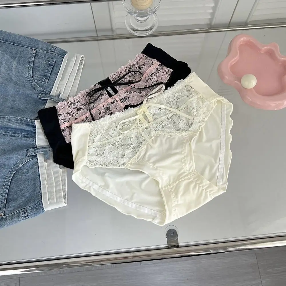 

3Pcs Breathable Mesh Lace Bowknot Panties Mid Waist Ruffle Sweet Briefs Underpants Cotton Crotch Underwear for Women Gifts