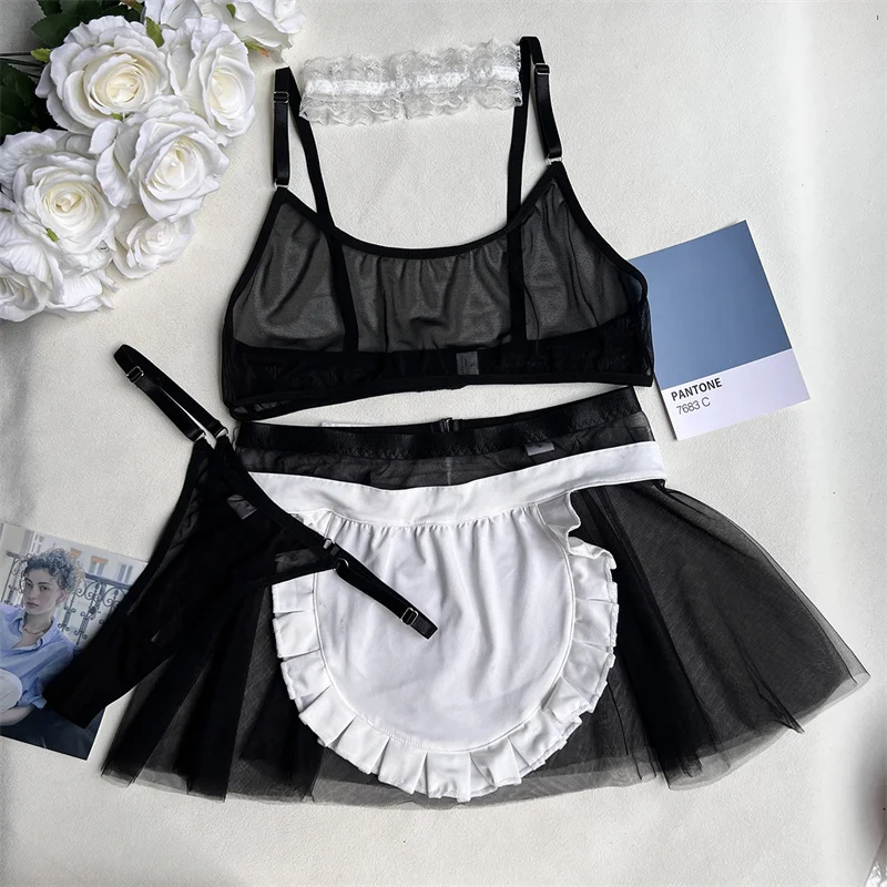 Maid Outfit Cosplay Sexy Lingerie Mesh Transparent Bra+Mini Skirt+Thongs Erotic Costumes Tempation Maid Uniforms Sexy Underwear