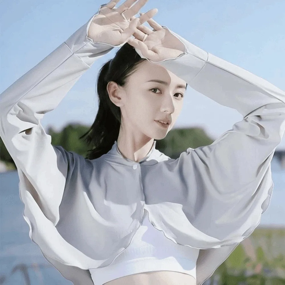 

Solid Color Summer Sunscreen Shawl Long Sleeve Thin Ice Silk Cape Sunshade Cloak Crop Top Sun Protection Clothing Sports