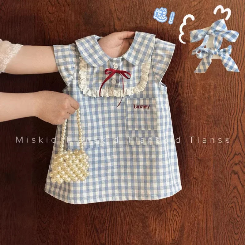 

Girls' College-Style Plaid Dress Summer Children's Fashionable Flutter-Sleeve Tank Dress Baby Lace Trim Princess Dress