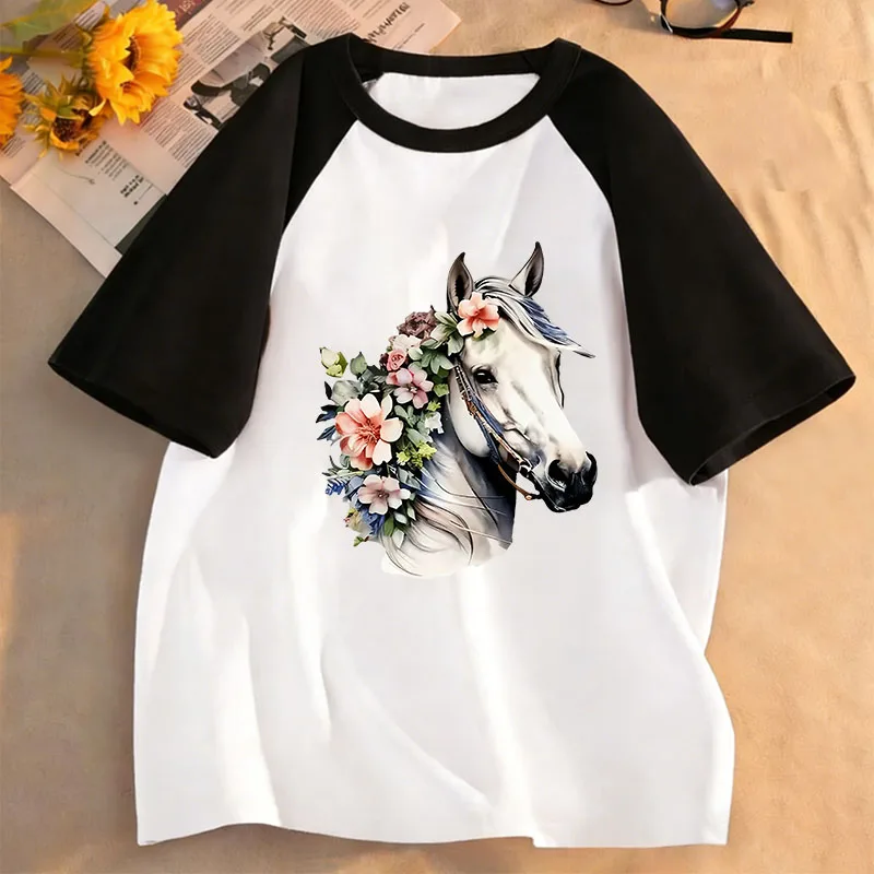 Vintage Horse with Flower Design T-Shirt Printed T Shirt Girls' Summer Clothes Short Sleeve Tops T-Shirts Cute Girls Clothing