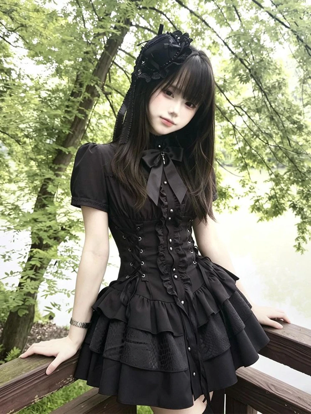 Vintage Gothic-Stil Schnürkleid mit kurzen Ärmeln für Damen, High-Street Retro Schwarzes Schmales Goth-Kleid mit Schleifenumhang, Lolita-Minikleid – Detail 3