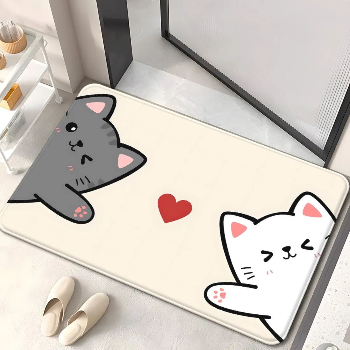 1pc Cute Two Cats with Heart Doormat Non-Slip Absorbent Microfiber Rug for Bedroom Living Room Entryway Outdoor