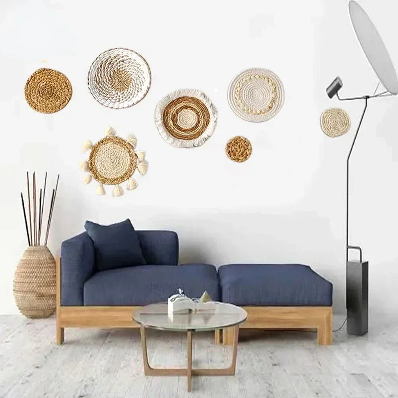 7 Piece Set Boho Style Straw Rattan Wall Decor Grass Tassel Wall Art Wall Hanging Sofa Living Room Background Decor Aesthetic