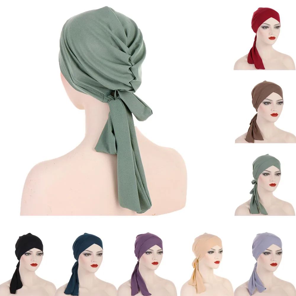 Casual Ladies Headwear Accessories Long Tail Turban Hats Pleated Pre-Tied Turban Hat Solid Color Baotou Chemo Beanie Hat Outdoor