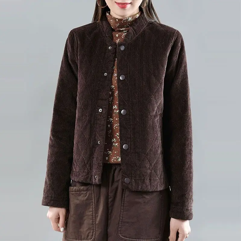 เสื้อแจ็คเก็ตผ้าคอร์ดูรอยสไตล์เรโทร ปกตั้ง ผ้าฝ้าย ทรงสั้น สำหรับผู้หญิง บุหนา อุ่น เหมาะสำหรับฤดูหนาว
