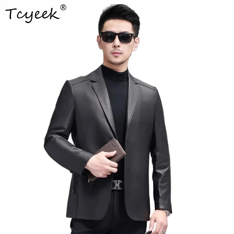 Tcyeek capa superior Real piel De oveja Otoño Invierno traje negro Collar chaqueta De cuero genuino para hombres Jaqueta De Couro Masculina 가자켓
