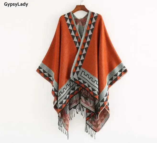 GypsyLady Vintage Knitted Warm Cloaks Capes Autumn Spring Women Poncho Cape Ethnic Chic Pattern Cloak Poncho Ladies Outwear Red