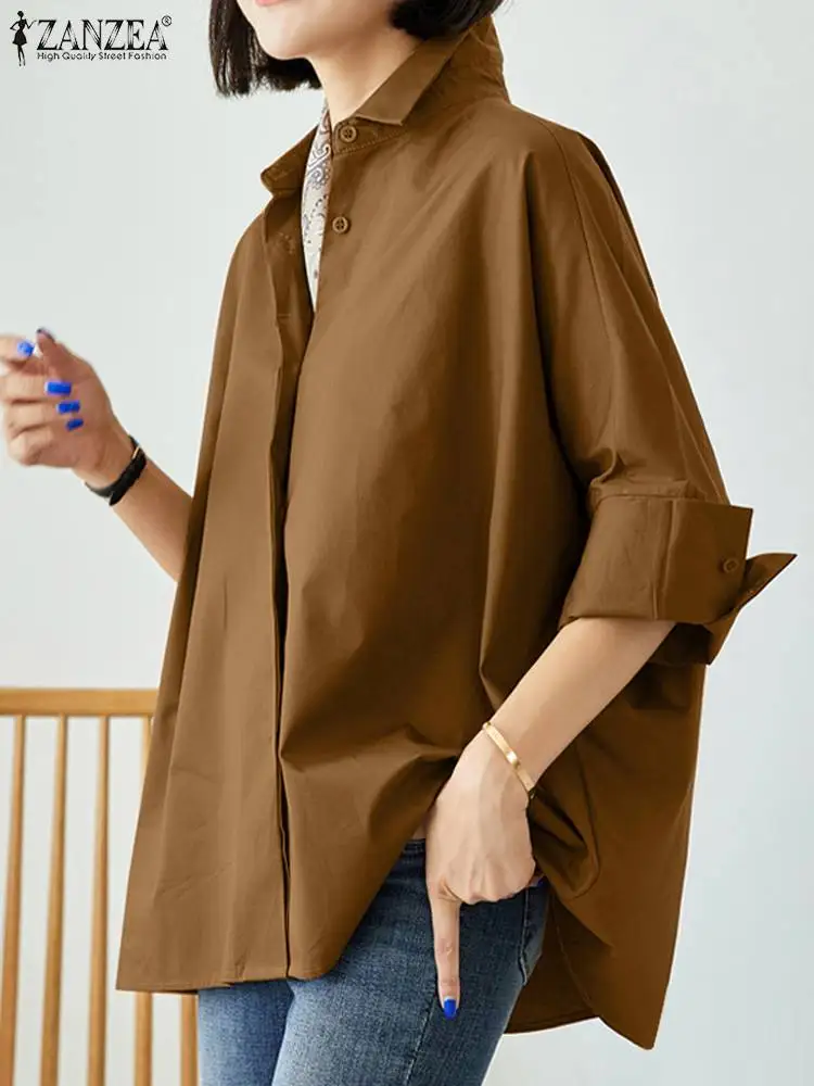 Oversized Stijlvolle Shirts Zanzea Vrouwen Effen 3/4 Blouse Lente Revers Hals Knopen Blusas Casual Losse Ol Werk Tops Vrouwelijke Tuniek