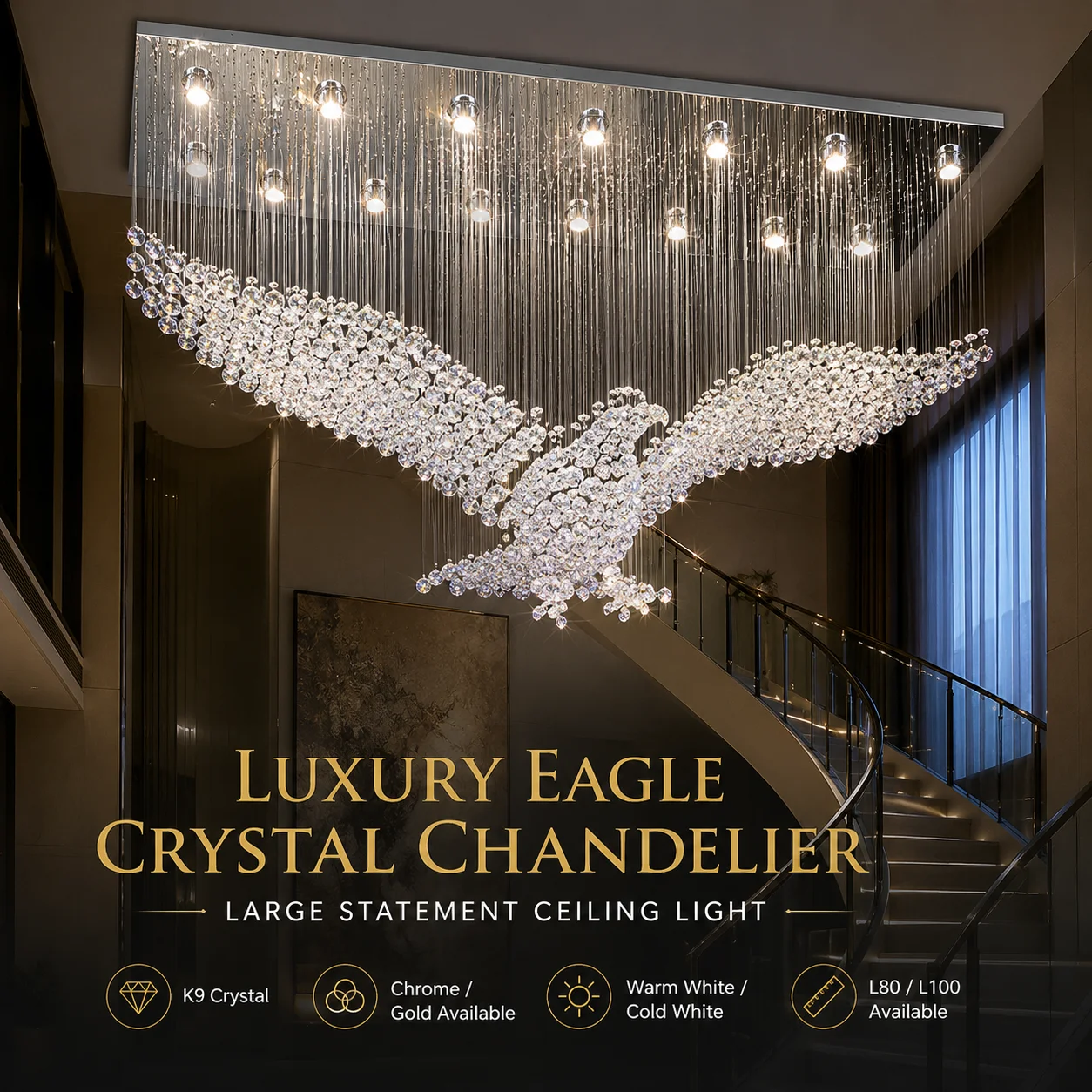 

Modern Luxury Eagle Crystal Chandelier Large Pendant Ceiling Light for Living Room Villa Hotel Lobby Staircase Decor